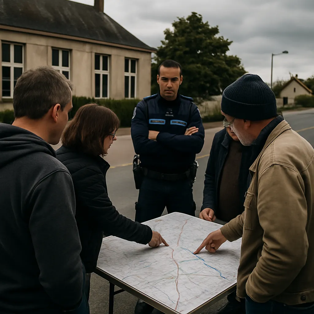 Des habitants participent à une réunion publique en mairie sur la sécurité routière, autour d'une carte du secteur.