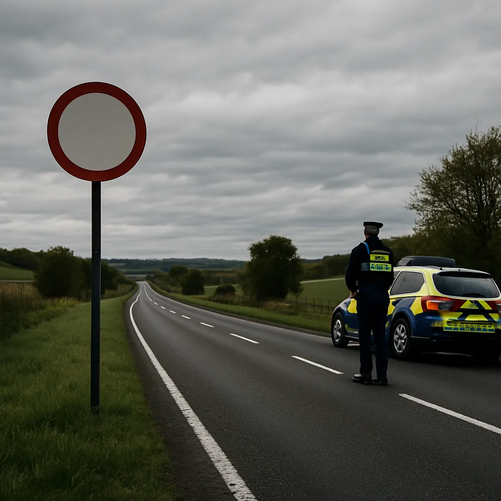 Vue d'une route de campagne avec panneau de limitation de vitesse et présence policière au bord de la chaussée.