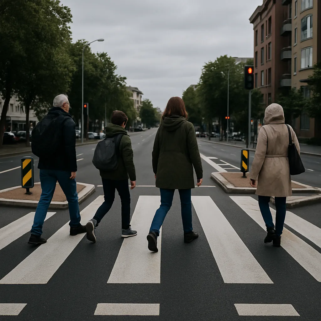 Un passage piéton sécurisé avec des îlots sur une voirie en milieu urbain, des habitants traversant en toute sécurité.