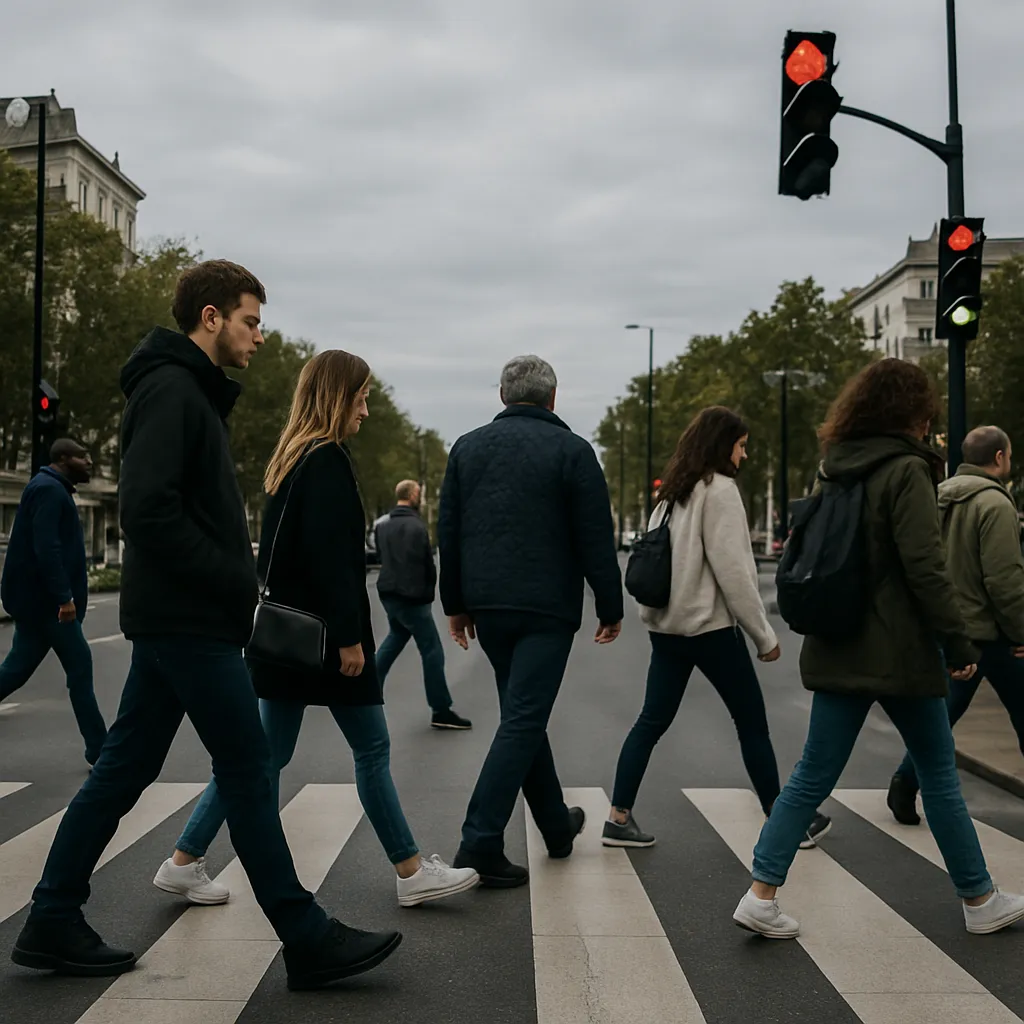 Des piétons traversant un carrefour urbain, certains sur le passage, d'autres non, avec des feux tricolores visibles.