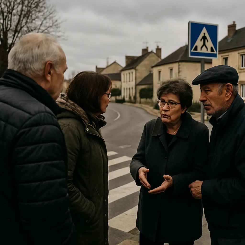 Des habitants observent et discutent la sécurité près d’un passage piéton en centre-bourg, un panneau routier visible en arrière-plan.