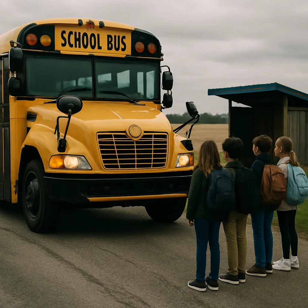 Un car scolaire jaune arrêté devant un groupe d'enfants, avec un champ en arrière-plan et un arrêt de bus rural.