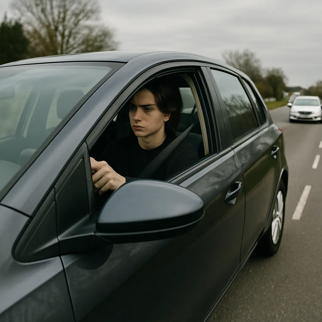 Un jeune conducteur accompagné par un adulte lors d'une session de conduite sur une route locale, véhicules en arrière-plan.