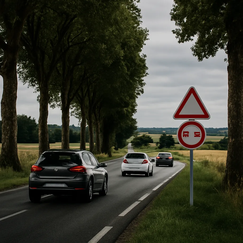 Des voitures sur une route bordée d'arbres, traversant un paysage français en milieu de journée, avec des panneaux routiers récents visibles.