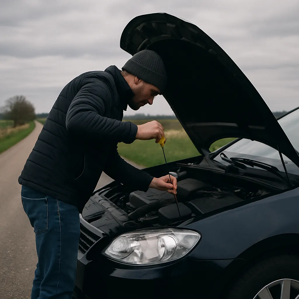 Une voiture garée sur une petite route, capot ouvert, avec un conducteur effectuant un contrôle du niveau d’huile.